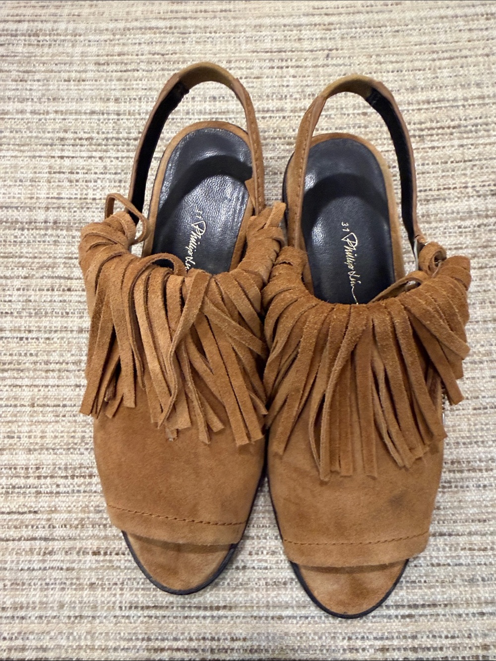 3.1 Phillip Lim Tan Suede Fringe Slingback Mules Sz 39